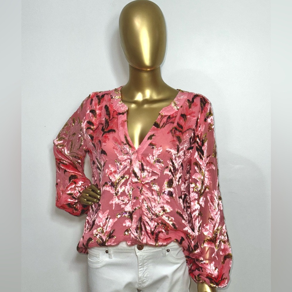 Anthropologie M Lori Pink-Gold Burnout Velvet Blouse Silk Blend Long Sleeve